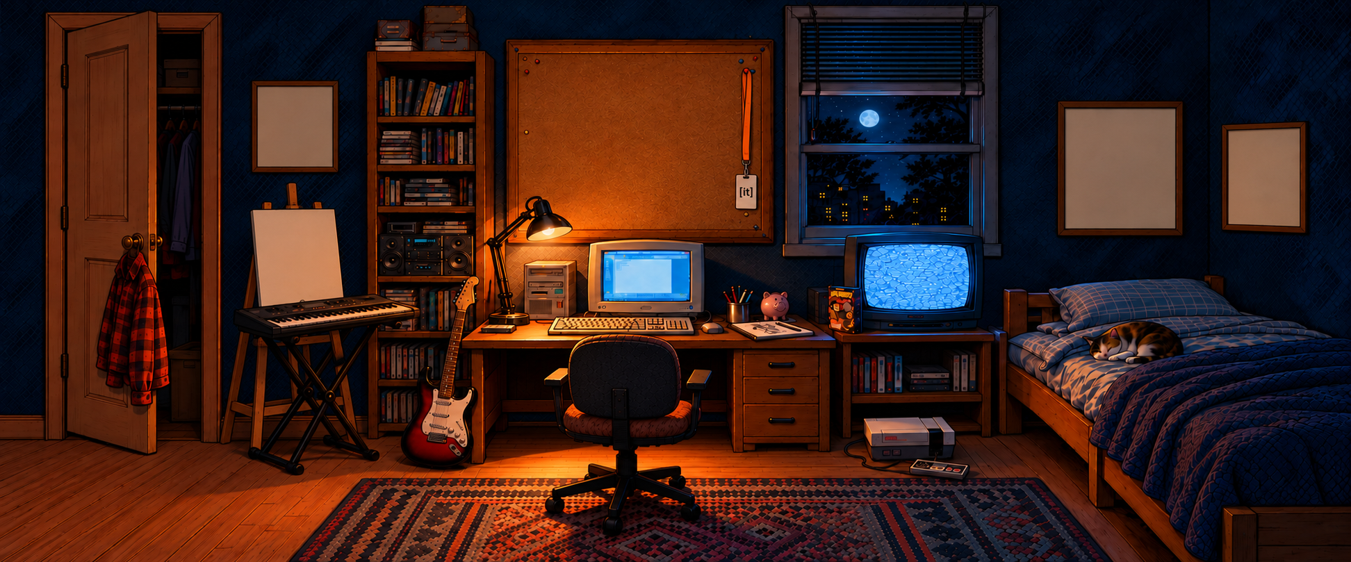 Extra-wide graphic-novel illustration of a late-1990s creative bedroom studio with an open closet, flannel shirt, keyboard, guitar, CRT computer, bulletin board, television, NES, and a calico cat sleeping on the bed