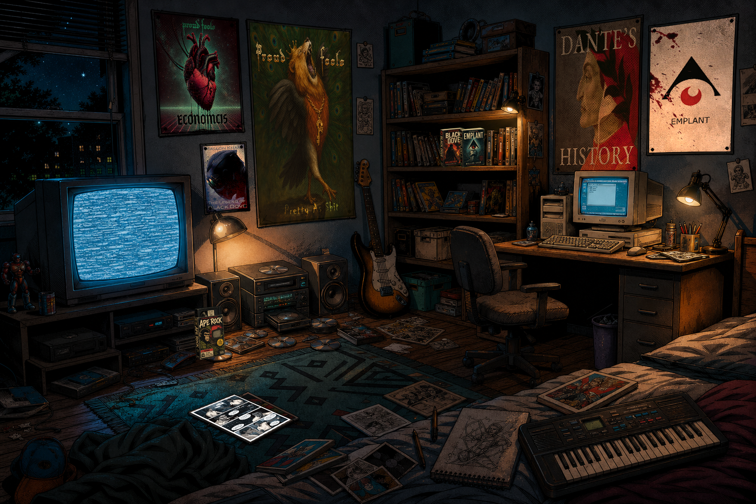 Graphic novel illustration of a 1990s creative bedroom with a glowing CRT television, blank wall frames, stereo, bookshelf, and desktop computer