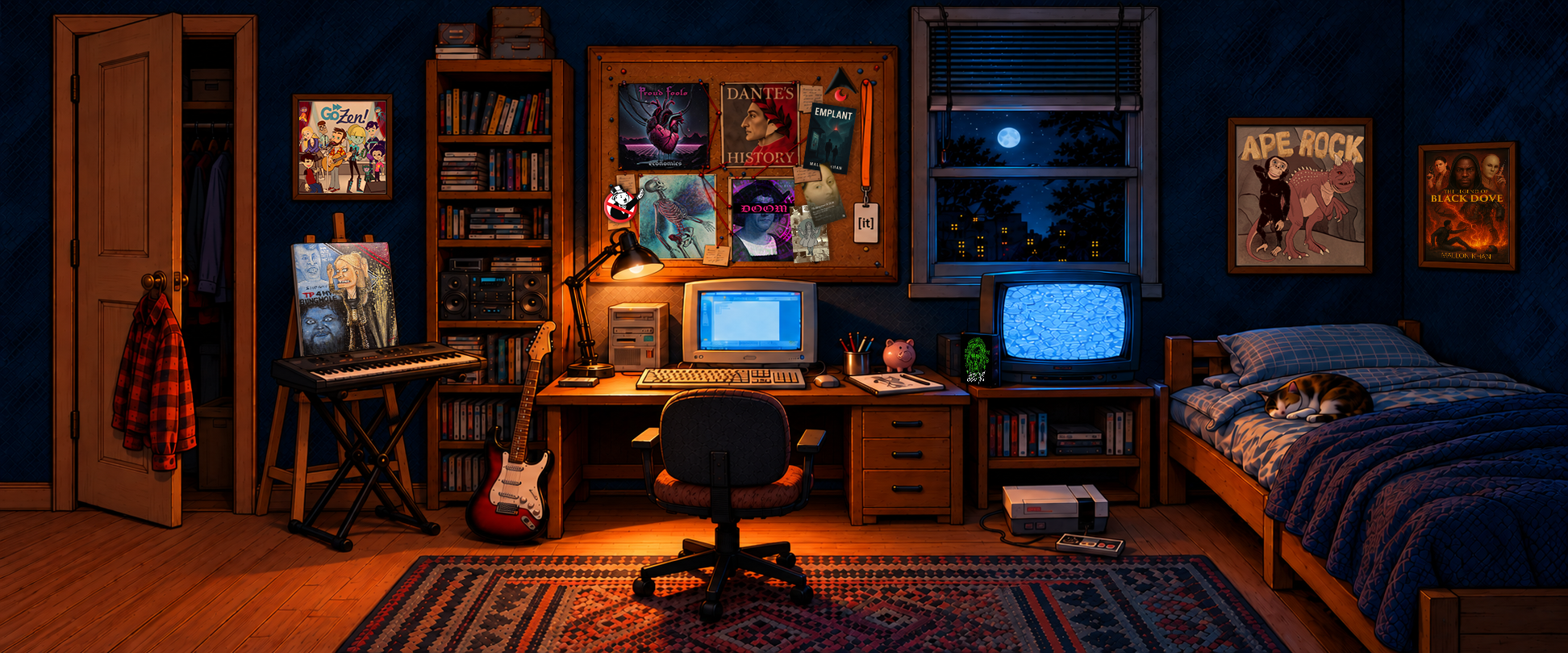 Extra-wide graphic-novel illustration of a late-1990s creative bedroom studio with an open closet, flannel shirt, keyboard, guitar, CRT computer, bulletin board, television, NES, and a calico cat sleeping on the bed